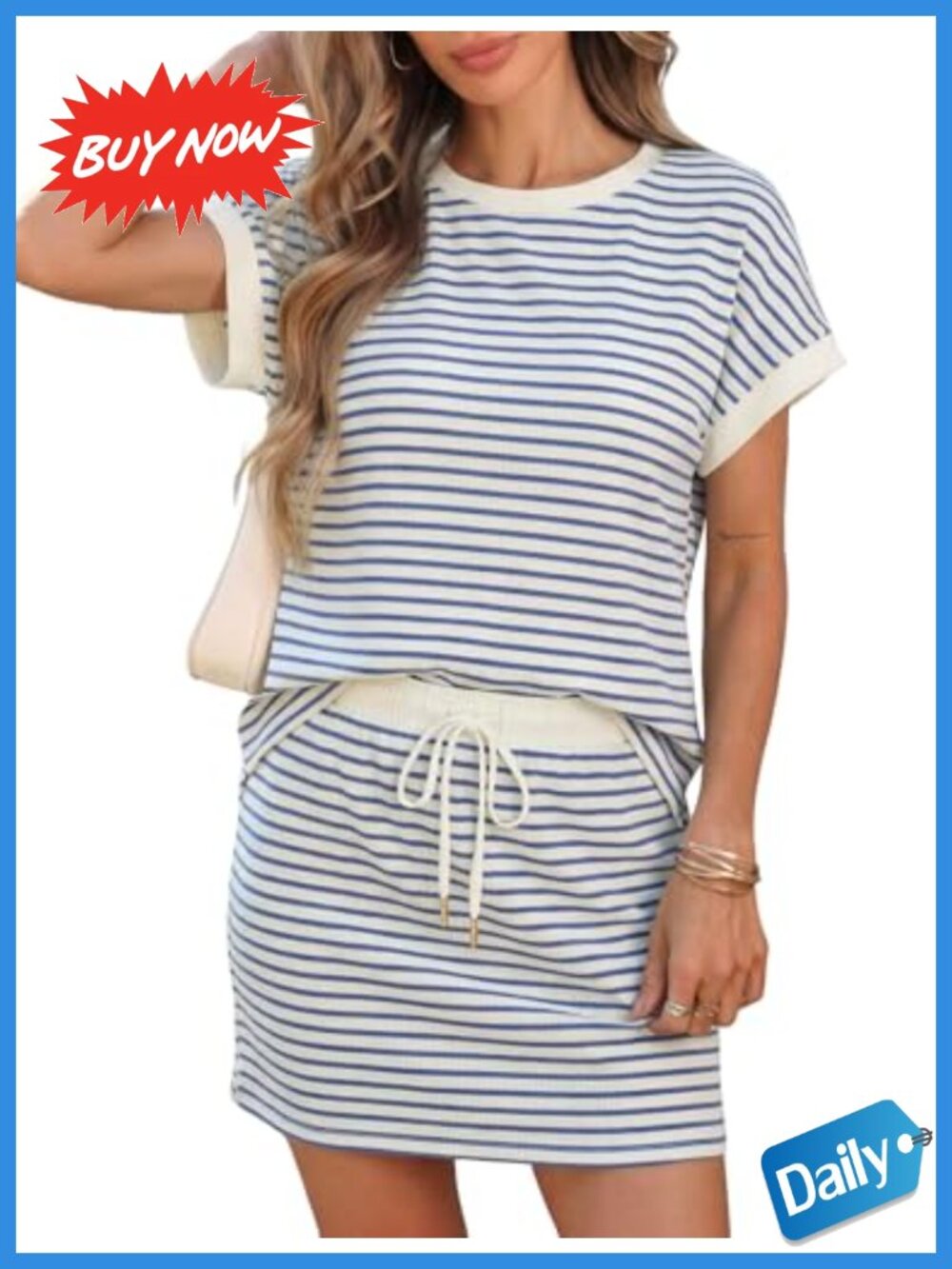 Striped 2 Piece Skirt Set Short Sleeve Crewneck Drawstring Lounge Set